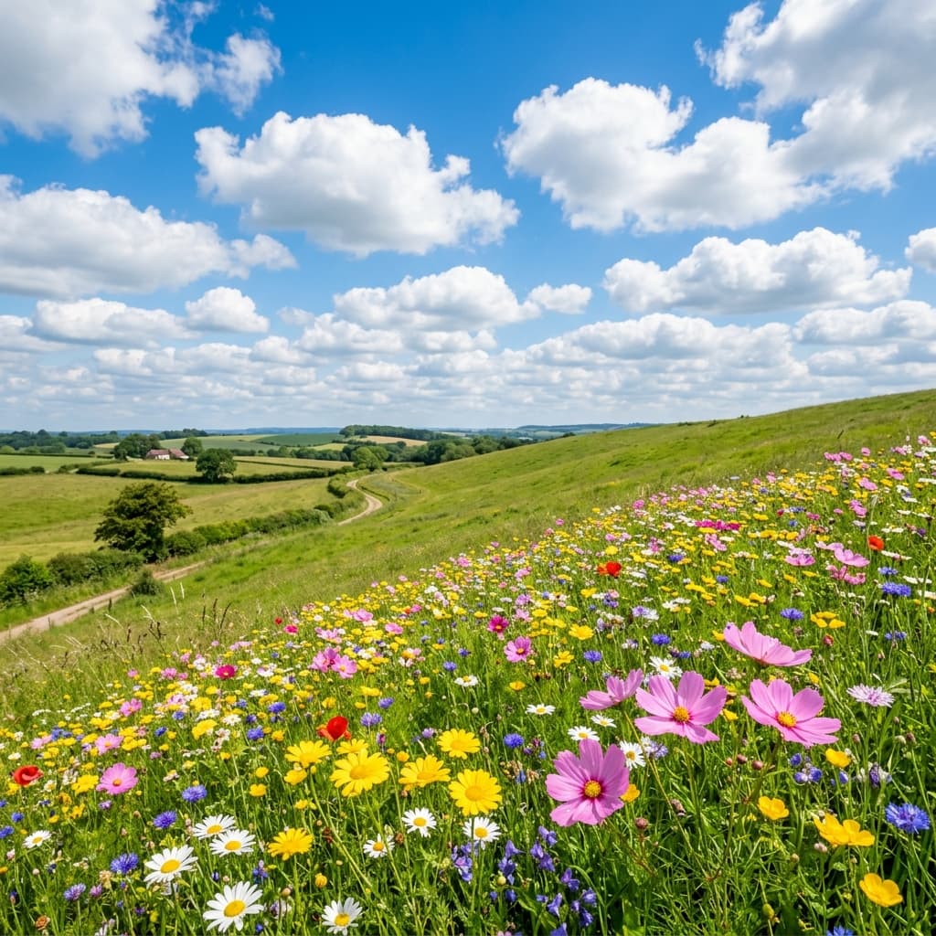 Bright blue sky with fluffy white clouds and wildflower meadow